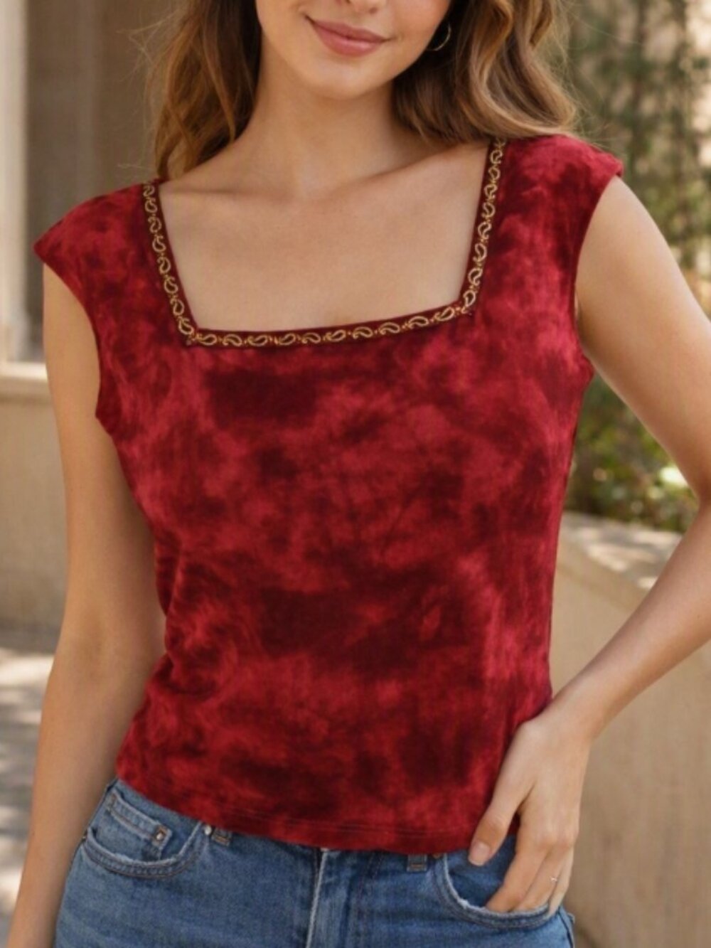 Vintage PS Velour Embroidered Square Neckline Top Shirt S Boho Retro Y2K Red